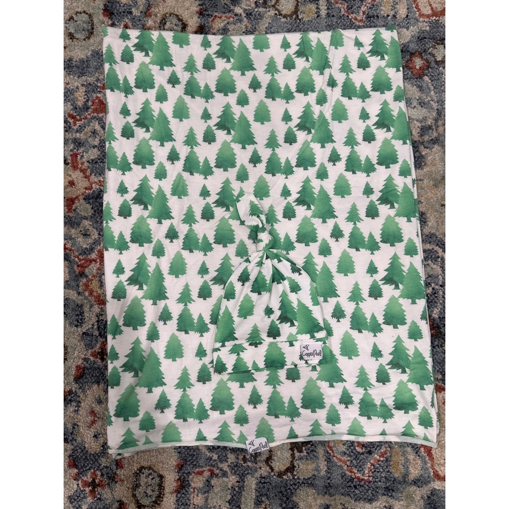 Copper Pearl Swaddle Blanket Hat Set Baby Green Pine‎ Tree Print